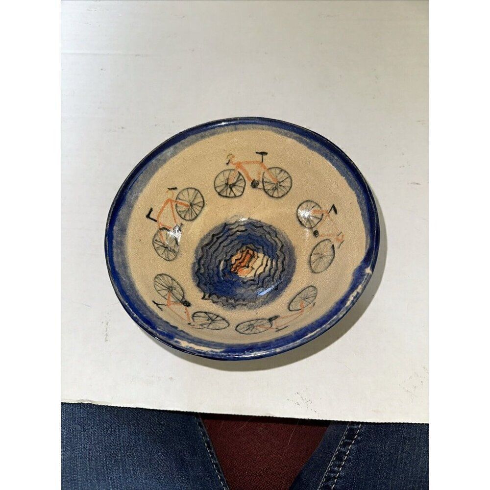 Handmade Pottery Bowl Dish Bicycle Hand Painted Glazed